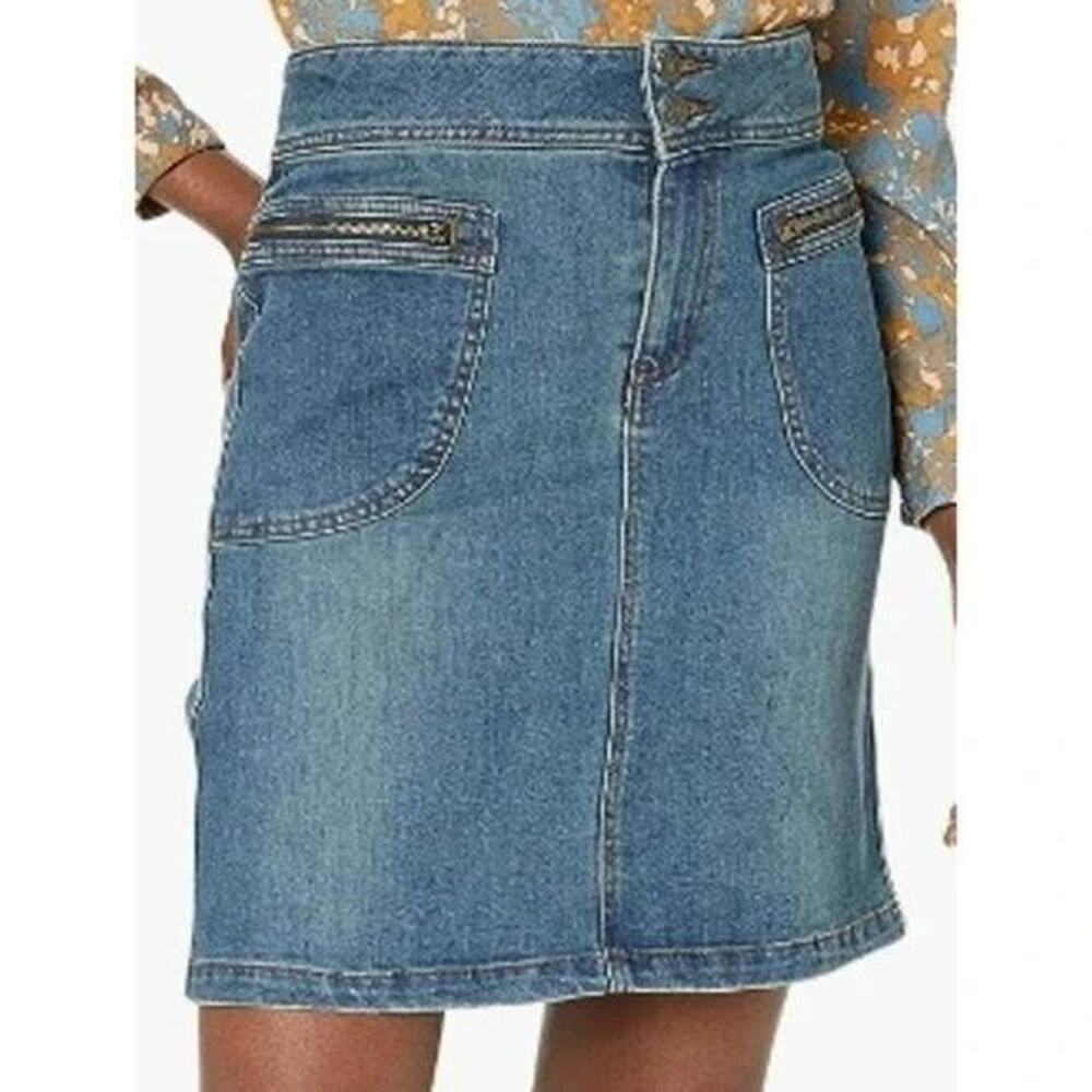 NWT prAna Broadway Denim Mid Thigh Jean Skirt Zipper Patch Pockets 2 True Blue